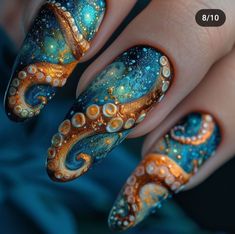 Octopus Sea Nail Magical AI 3d Nail Blue and Orange Nail Beach Ocean Nails, Octopus Nails Design, Kraken Nails, Tentacle Nails, Aquarium Nails Design, Underwater Nails, Octopus Nail Art, Siren Nails, Under The Sea Nails