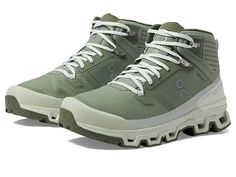 On Cloudrock Waterproof 2 - Men's Boots : Reseda/Aloe : Keep your steps going on rugged trails wearing On Cloudrock Waterproof 2 hiking shoes. Hiking, waterproof, travel. Textile and synthetic upper. Textile lining. Helion superfoam responsive cushioning insole. Missiongrip traction patterns and zig-zag channels. CloudTec speedboard promotes the natural rolling motion of the foot. Round toe. Speed-lacing system offers a quick and comfortable glove-like fit. Padded collar. Rear pull-tab. CloudTec outsole technology delivers soft landings. Imported. Please note that ONLY the On Cloud 50/50, Cloud 70/30, Cloud Terry, and Cloud running shoes feature an extra pair of conventional laces, along with the On Cloud easy-entry speedlaces. Measurements: Weight: 1 lb 1 oz Product measurements were take High-top Hiking Boots With Reinforced Toe For Trail, High-top Hiking Boots With Boost Midsole, Outdoor Waterproof Lace-up Boots With Boost Midsole, Green Rugged Hiking Boots, Weatherproof Lace-up Trail Running Shoes For Outdoor, High-top Gore-tex Trail Running Shoes For Walking, High-top Trail Running Shoes With Reinforced Toe For Hiking, High-top Gore-tex Trail Running Shoes, Functional High-top Green Hiking Boots