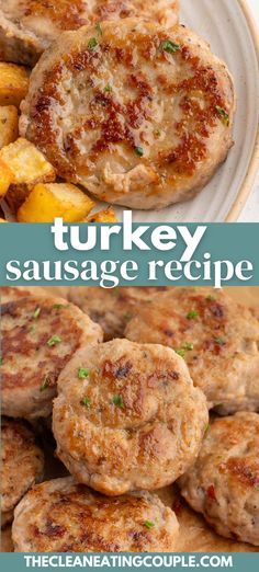 turkey sausage patties with potatoes and parsley on the side, served in a white plate