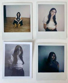 four polaroid photographs of women sitting on the floor in front of a white wall