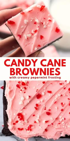 a piece of candy cane brownies with creamy peppermint frosting