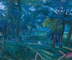 an oil painting of trees and stairs in the woods