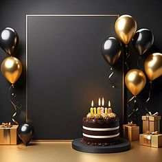 a birthday cake with lit candles surrounded by balloons and presents in front of a black wall