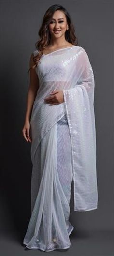 White and Off White color Saree in Georgette fabric with Embroidered, Sequence, Thread work Saree Blouse Material, Sequence Saree, Sequin Saree, White Saree, Embroidered Saree, Indian Sarees Online, Silk Saree Blouse, Utsav Fashion, Designer Sarees Online