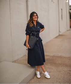 Dresses With White Sneakers, White Sneakers With Dress, Dress With White Sneakers, Neon Green Dresses, Navy Blue Dress Shirt, Best White Sneakers