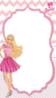 a barbie doll is standing in front of a pink frame