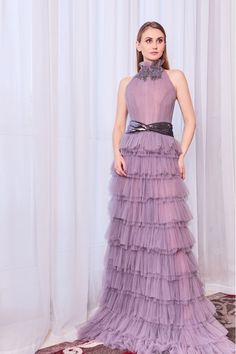 Jeweled neck tiered skirt gown - HerTrove Halter Neck Gown, Gown With Jacket, High Neck Sleeveless Top, Organza Gown, Ruffled Gown, Organza Gowns, Dusty Lavender, Cape Gown, Embellished Gown