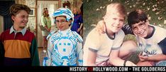 two young boys are posing for pictures in front of an old photo and the same boy is smiling