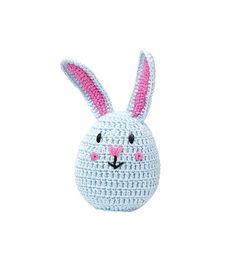 a crocheted bunny is shown with pink ears on it's head and eyes