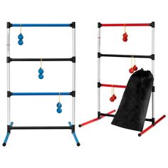 two ladders with balls hanging from them and a black bag on the ground next to it