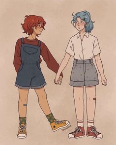 two people holding hands and wearing overalls, one with blue hair and the other without