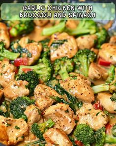 chicken and broccoli stir fry in a pan with the words garlic chicken with broccoli and spinach