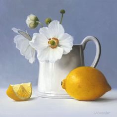 a painting of white flowers and lemons in a silver vase with a blue background