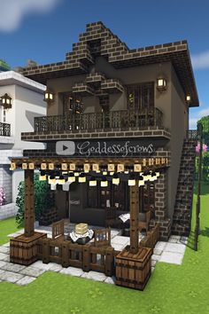 a large house with a lot of furniture and decorations on the front porch is shown in this minecraft video game