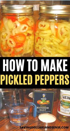 two jars filled with pickled peppers on top of a table next to other ingredients