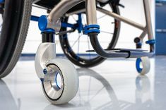 Adaptive mountain bike company Bowhead Corp. makes its first foray into the world of everyday wheelchair components with the release of its line of Bowhead Sevens casters. The Sevens feature a unique hollow-wheel design intended to eliminate one of most common annoyances of wheelchair casters: collecting hair between the caster and fork. Wheelchair Accessories, Wheel Design, Caster Wheels, Casters Wheels, Tyre Size, Caster, Free Hair, Mountain Bike