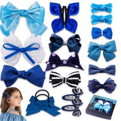 PRICES MAY VARY. 【Various styles】The set includes 18pc beautiful hair bows clips for girls in various styles, sizes, and materials.The main color is blue.It contains 10pcs individual alligator hair clip bows,two pairs of hair clip bows,one pair of elastic hair tie bows and one pair of snap clip hair bows.From mini hair bows to large hair bows.It caters to all your daily outfit needs. 【High-quality materials】These cute and charming handmade hair bows are crafted from high-quality materials such a Cute Hair Ties, Hair Clips Cute, Mini Hair Bows, Small Hair Bows, Blue Hair Bows, Hair Bows For Girls, Large Hair Bows, Bows For Girls, Beautiful Hair Accessories