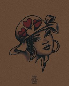 a drawing of a woman's face with hearts on her hat