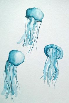 three watercolor paintings of blue jellyfish on white paper, each with different shapes and sizes