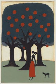 an image of a woman standing in front of trees with red apples on the branches