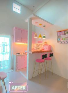 a kitchen with pink chairs and white walls