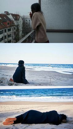 two pictures one with a person laying on the beach and another with an object in the sand