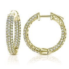 This statement hoop earrings showcase 200 round-cut brilliant white natural diamonds that line 3 rows of diamonds in the pave setting making these in-and-out style hoops show stoppers. The 1 carat hoops measure almost 1 tall, set in 14K Yellow GOld and secures with a Clip in lock clasp. These hoop earrings are a staple for every jewelry collection with their simple yet stunning style. Black Diamond Pendant, Black Diamond Studs, Halo Diamond Earrings, Solitaire Diamond Pendant, Black Diamond Earrings, Colored Diamond Rings, Statement Hoop Earrings, Stunning Style, White Lab