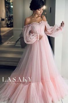 Lasaky - Elegant Long Sleeve Lace Shoulder Netting Bridal Gown featuring a Flared Skirt Pink Long Sleeve Maxi Dress For Prom Season, Pink Long Skirt Prom Dress, Pink Long Skirt Dress For Prom, Pink Long Prom Dress, Long Sleeve Bridal Gown, Cheap Prom Dresses Long, Vestidos Color Rosa, African Wedding Dress, Pink Wedding Dresses