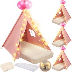 a pink teepee tent with lights and pillows