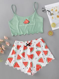 Cute Pjamamas, Cartoon Watermelon, Cute Lounge Outfits, Summer Cartoon, Watermelon Print