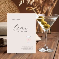 Celebrate your next spin around the sun with sweet and simple birthday invitations — as simple as adding all the party details. Ready to celebrate your girl getting a tini bit older? This martini themed invitation is so classy and will have your guests racing to RSVP. Perfect for any age birthday. 

The best part? These are available as a digital download! Make your next moments effortless with our new downloadable, editable templates. Easy-to-use and infinitely customizable, Instant Downloads make creating and sharing content better than ever before. You can buy the printed version of course, but you can also have a version to text, email or even post to social media. It doesn't get better than that! 

Whether you’re short on time to send invites, or choosing an eco-friendly option, Insta 60th Birthday Party Themes, Classy Birthday Party, 30th Bday Party, 29th Birthday, 23rd Birthday, 22nd Birthday, Creative Birthday Cakes, Dirty Martini, 60th Birthday Party