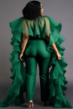 Xpluswear Design Plus Size Formal Elegant Green Spring Summer Mock Neck Cape Sleeve Half Sleeve Ruffle Flounce Jumpsuits [Pre-Order] Ankara Jumpsuits For Women Classy, Ankara Jumpsuits For Women, Green Outfits For Women, Queen Outfits, Gala Gown, Classy Jumpsuit, Dinner Dress Classy, Plus Size Formal, Red Carpet Ready