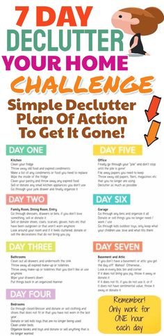 the 7 day declutter your home challenge is shown in this graphic style, and includes