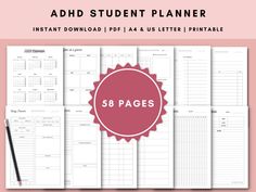 the printable student planner is shown on top of a pink background with text that reads,