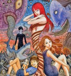 an image of a woman surrounded by other women and monsters in the water with fish