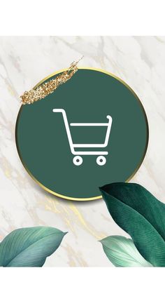 a green shopping cart sign with gold glitter on it and some leaves around the edge