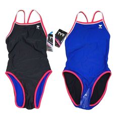 New With Tags, Tyr Women's Hydrospan Comfort Double Binding Reversible Diamondfit Swim Suit, Black Blue And Red, Size 30 Retails $55. One Side Is Black With Red/White Trim, While The Other Side Is Royal Blue With Lime/ White Trim. Set The Pace In The Tyr Double Binding Reversible Diamondfit Swimsuit. It's Designed To Be Fast Enough For Competition And Tough Enough For Training. High-Performance Fabric Sustains Heavy Use While Four-Way-Stretch Construction Maintains A Comfortable Fit On Your Body Sporty Blue Bodysuit For Water Sports, Blue Racerback Swimwear For Training, Blue Racerback Training Swimwear, Blue Nylon Sports Bodysuit, Swimsuit Black, Suit Black, Swim Tankini, Tankini Swim Tops, White Halter Maxi Dress