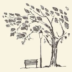 a drawing of a bench under a tree