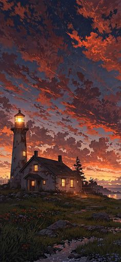 a painting of a lighthouse at sunset with the sky painted red and purple in the background