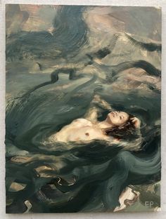 a painting of a woman floating in the water with her head above the water's surface