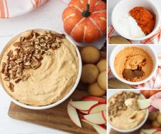 four pictures showing different types of food in small bowls and pumpkins on the side