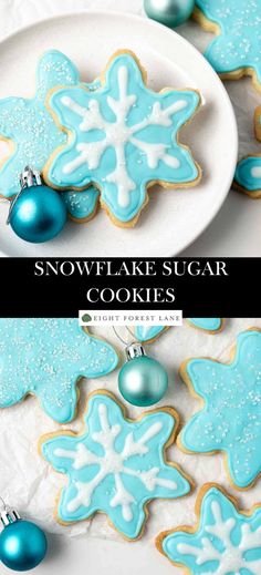 snowflake sugar cookies on a plate with blue ornaments