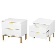 two white nightstands with gold handles and drawers