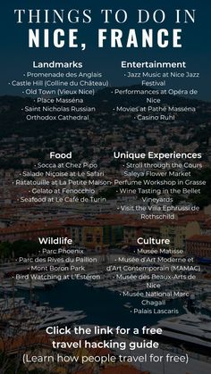 the info sheet for things to do in nice france, including an image of boats and buildings