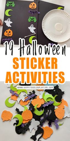 halloween sticker activities for kids to do with paper plates and other items on the table