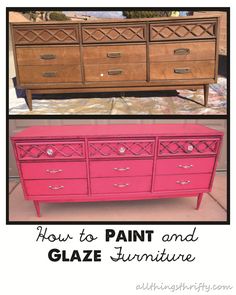 an old dresser with paint and glaze on the top is shown in two different pictures