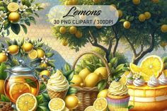 lemons and cupcakes are displayed in this painting