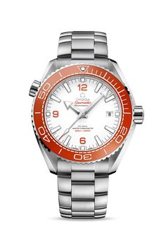 It was with OMEGA's maritime legacy in mind that the brand launched its Planet Ocean line in 2005. Today, the stylish models continue to pay homage to OMEGA's dive watch heritage. This 43.5mm stainless steel model features a white ceramic dial with applied Arabic numerals in orange and a date window at the 3 o'clock position. the orange ceramic unidirectional bezel includes a diving scale filled with liquid ceramic and Super-LumiNova. Other features include an alveol screw-in caseback and an int Orange Planet, Omega Co Axial, Omega Seamaster Planet Ocean, Planet Ocean, Omega Seamaster, Dive Watches, White Dial, Steel Watch, Stainless Steel Bracelet