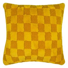 a yellow and brown checkered pillow on a white background