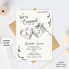 we're engaged card with two hearts on it and the words change color in black ink